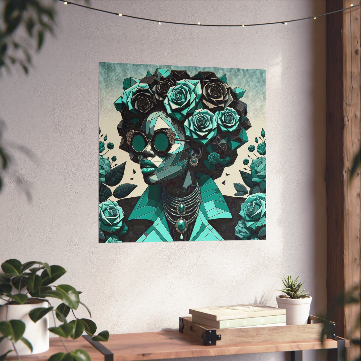 Chic Floral Fine Art Poster | Modern Wall Decor, Home Aesthetic, Gift for Art Lovers, Unique Room Makeover - Turquoise & Black Roses Lady