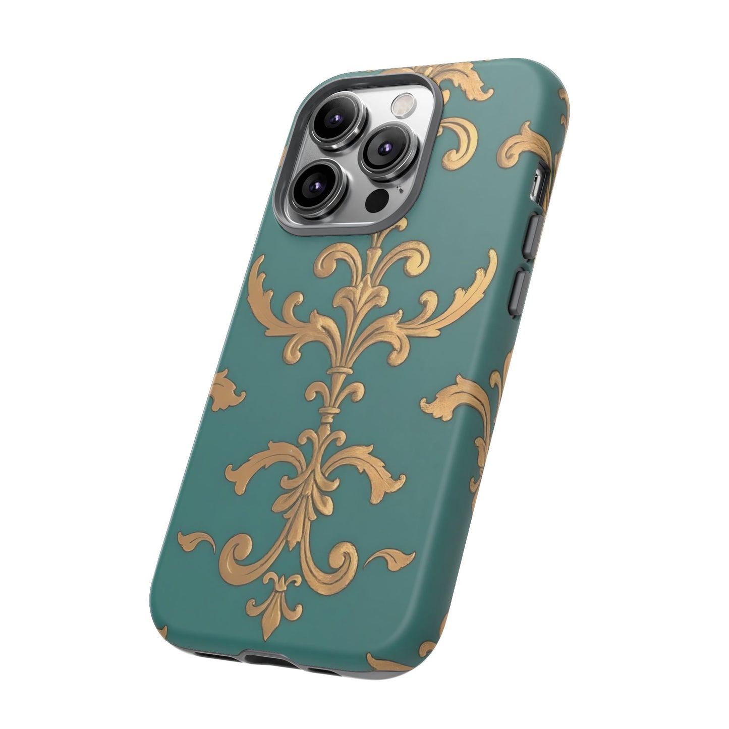 Elegant Floral Motif Phone Case - Tough Cases with Vintage Design - Aqua & Gold Damask