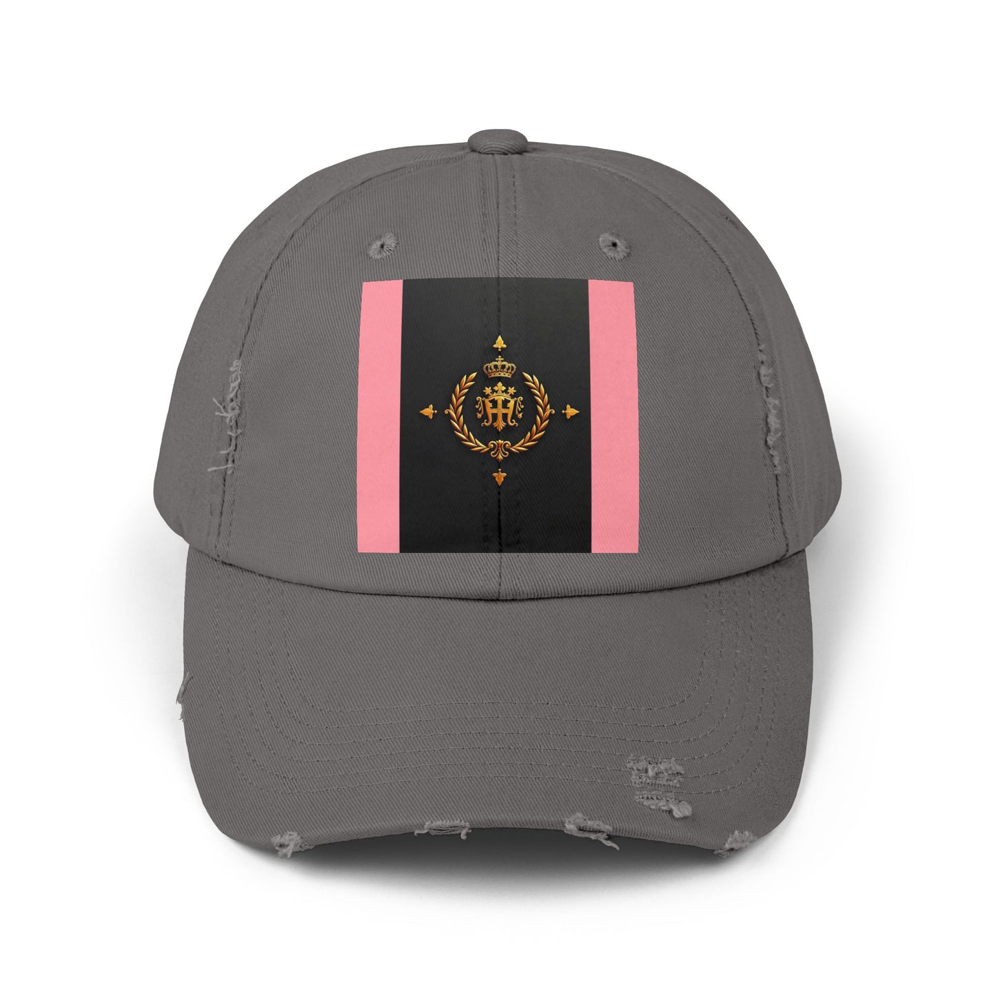 Stylish Unisex Distressed Cap with Trendy Design, Casual Accessories for Everyday Wear, Fashion Statement Cap - Pink Striped Gold Crest