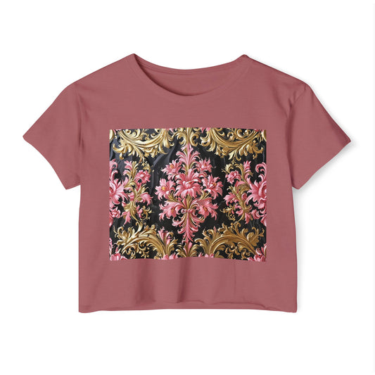 Festival-Ready Women's Crop Top, Boho Chic Tee, Summer Music Fest Shirt, Stylish Festival Wear - Black & Pink Oil Painting Style Rococo