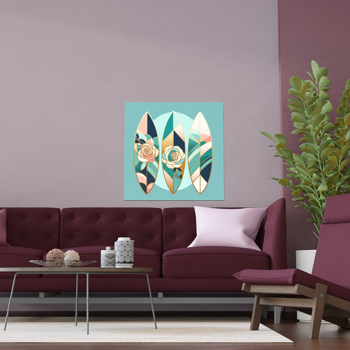 Elegant Floral Silk Poster - Indoor/Outdoor Wall Art for Home Decor - Blue, Pink & Aqua Surfboard & Roses