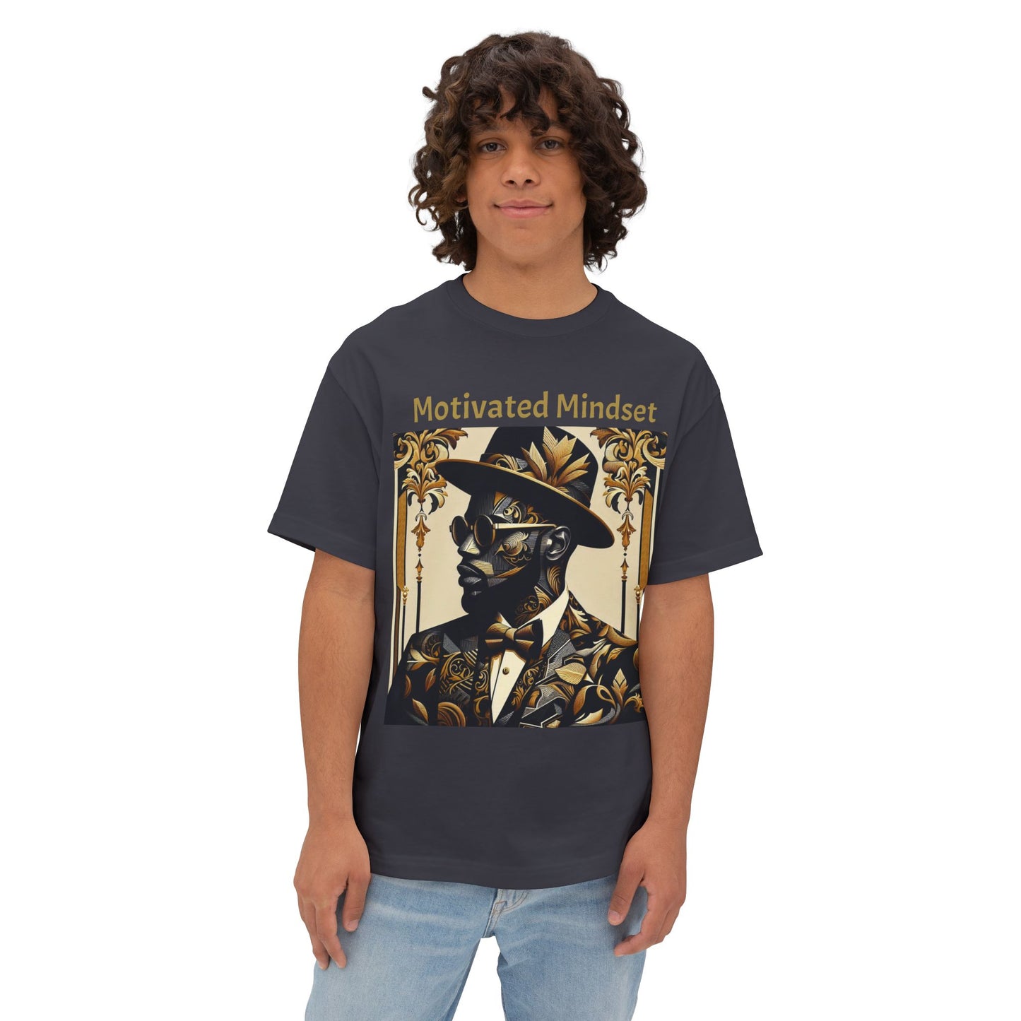 Motivated Mindset Boxy Tee - Unisex Oversized T-Shirt for Inspiration, Casual Wear, Gifts, Motivation, Self-Care - Gold Letters
