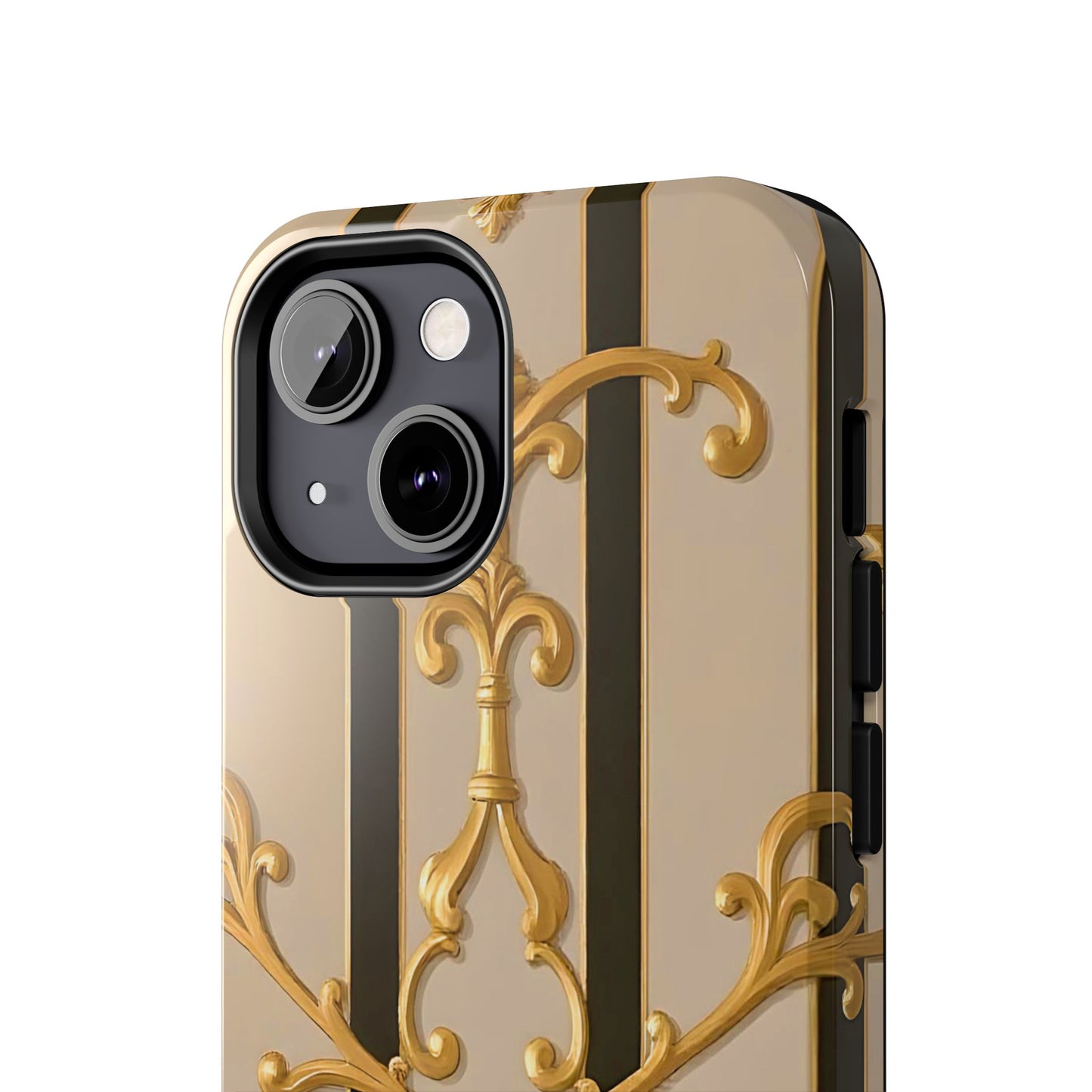Elegant Vintage Tough Phone Case, Stylish Phone Cover, Boho Accessories, Perfect Gift for Her - Beige Striped Gold Rococo