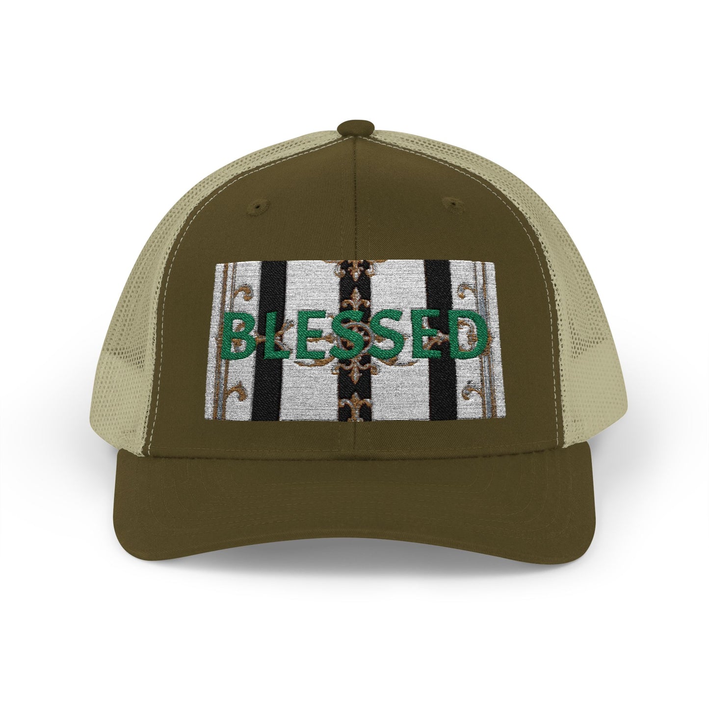 Blessed Snapback Trucker Cap | Casual Style, Outdoor Gear, Faith-Based Gift, Adjustable Hat, Everyday Fashion - Black & White Striped Gold Baroque