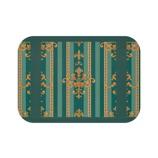 Elegant Vintage Bath Mat with Ornate Design for Luxurious Home Decor - Teal Striped Gold Damask