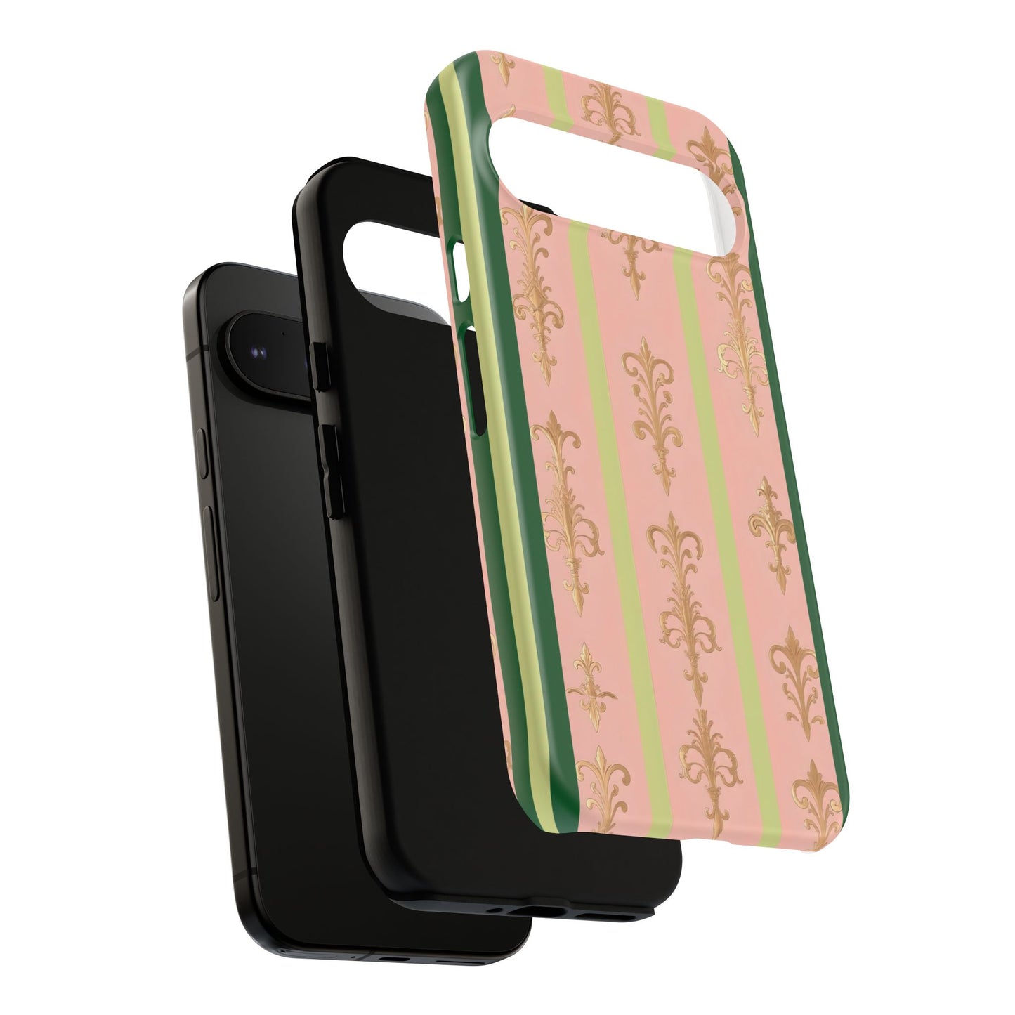 Elegant Floral Motif Phone Case - Tough Cases with Vintage Design - Lime Green & Pink Striped Damask