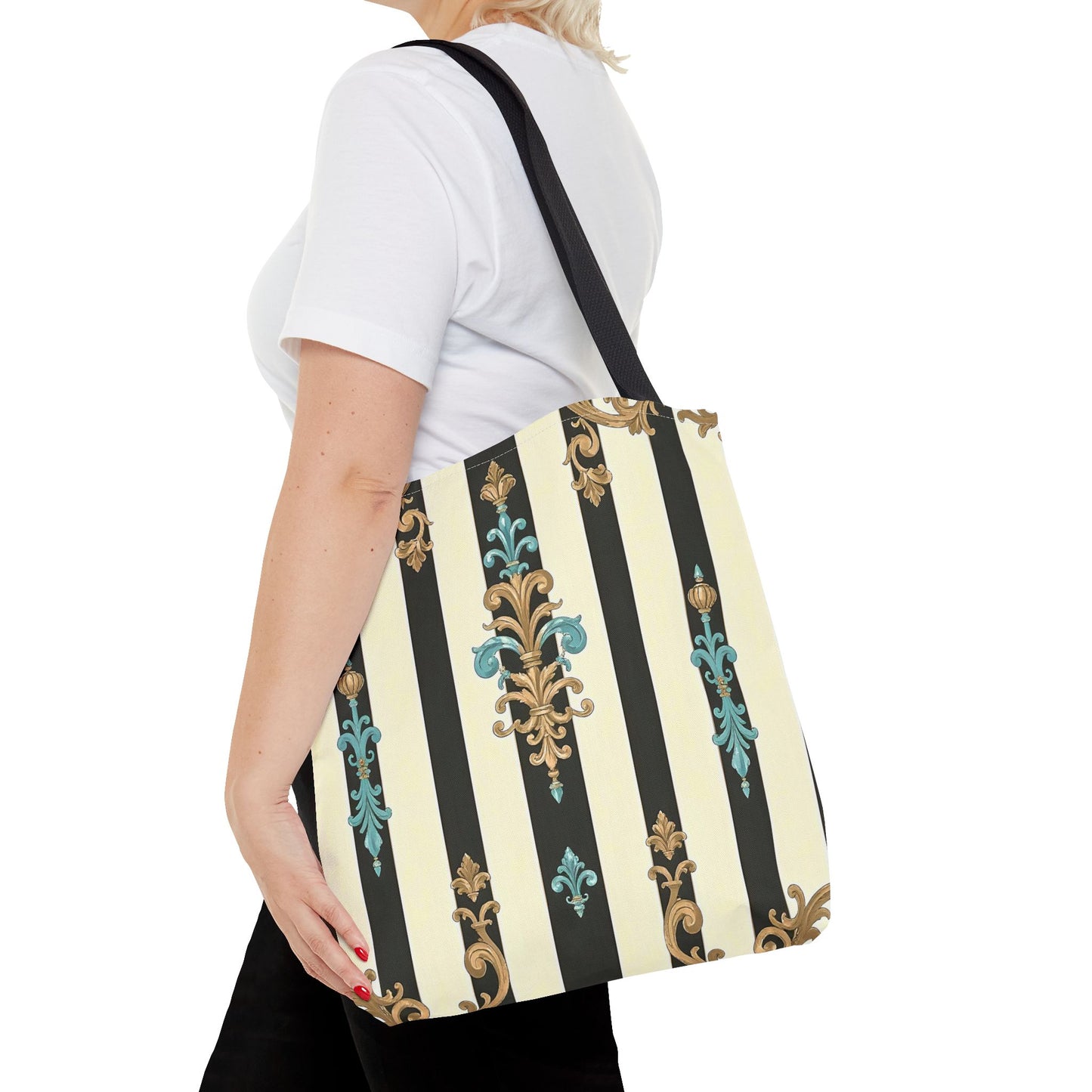 Elegant Stripe Pattern Tote Bag | Fashionable Reusable Shopping Tote, Eco-Friendly Gift Bag - Black Striped Turquoise & Black Rococo