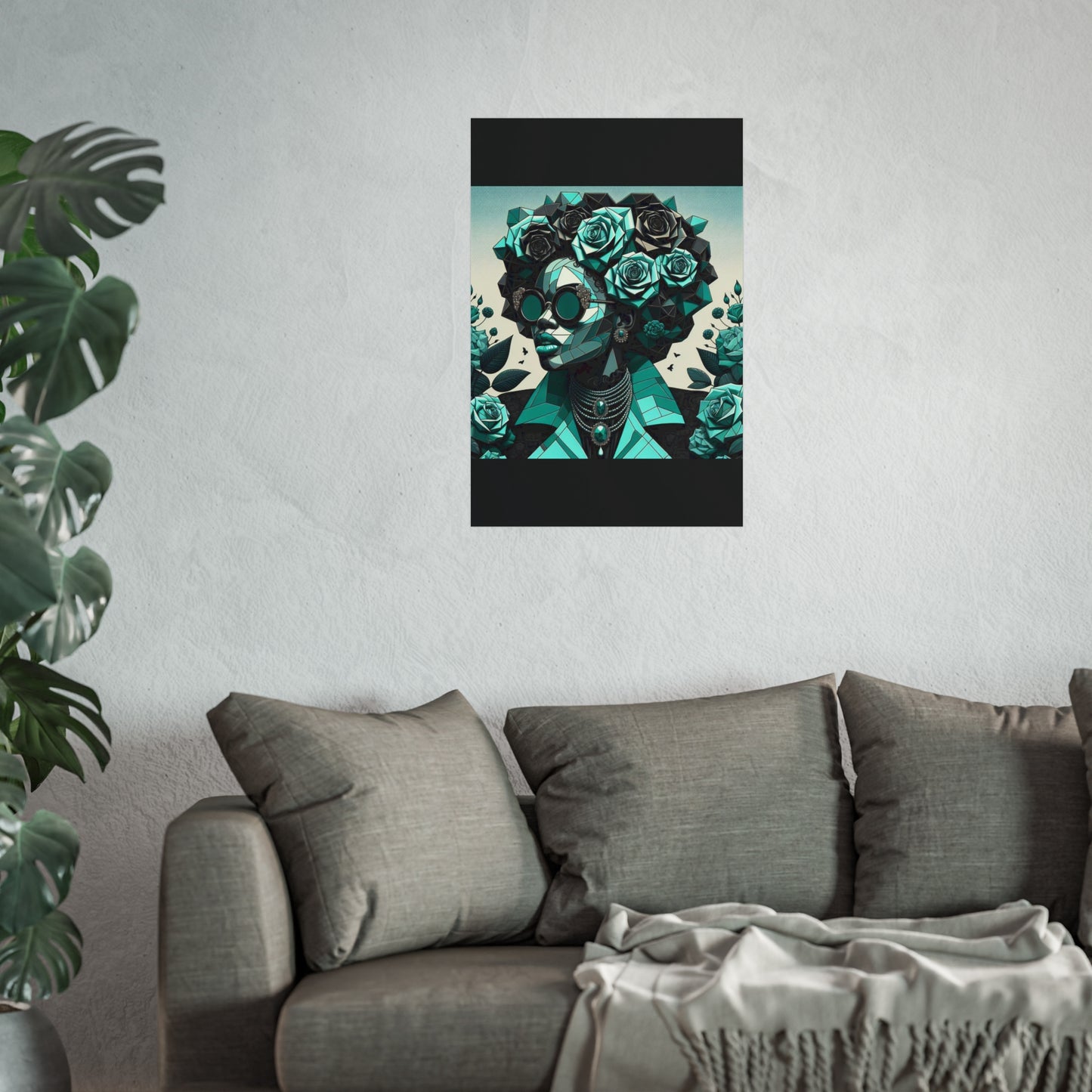 Chic Floral Fine Art Poster | Modern Wall Decor, Home Aesthetic, Gift for Art Lovers, Unique Room Makeover - Turquoise & Black Roses Lady