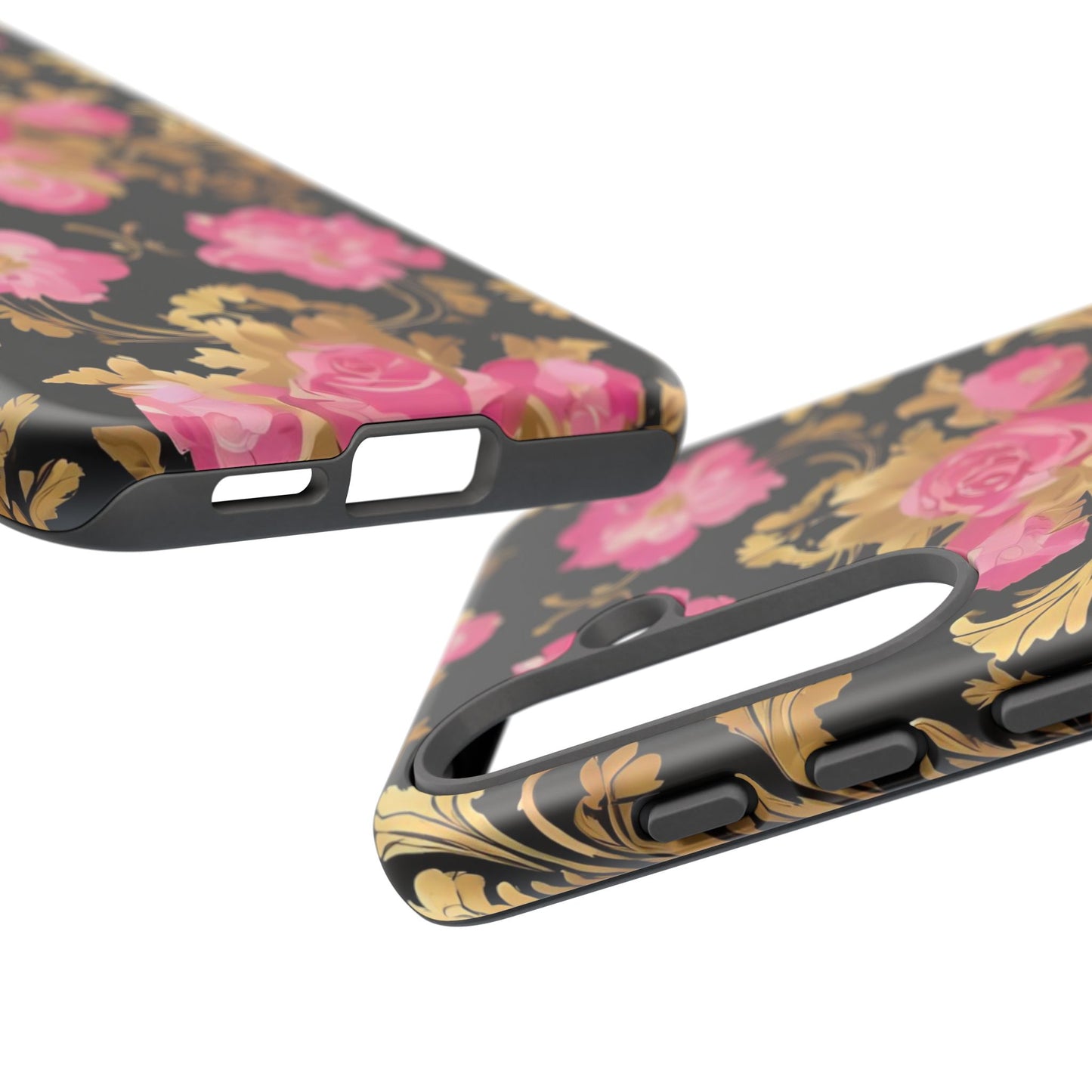 Elegant Floral Motif Phone Case - Tough Cases with Vintage Design - Pink & Gold Roses