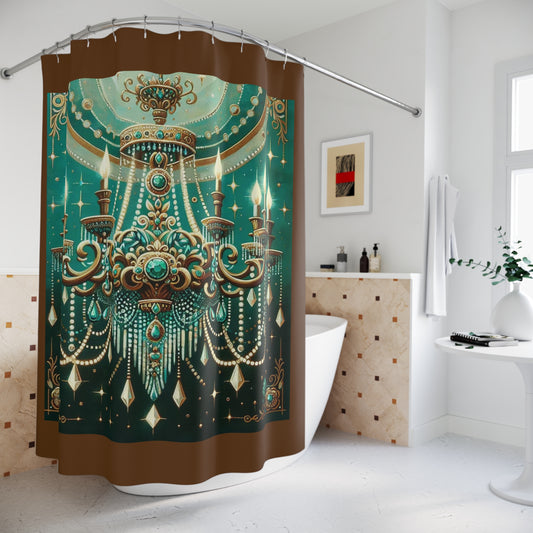 Elegant Chandelier Shower Curtain | Luxurious Bathroom Decor | Boho, Vintage, Home Design, Gift for Her, Spa Vibes - Green & Gold Jeweled Chandelier