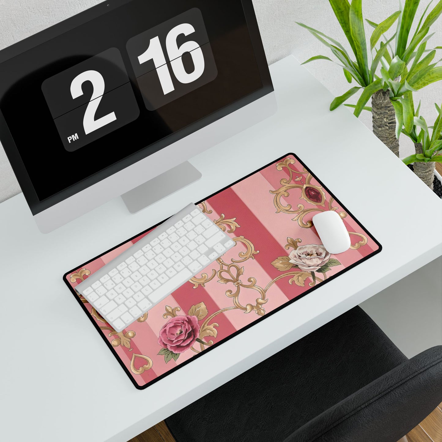 Elegant Floral Motif Desk Mat for Home Office Decor - Pink Striped Roses & Damask