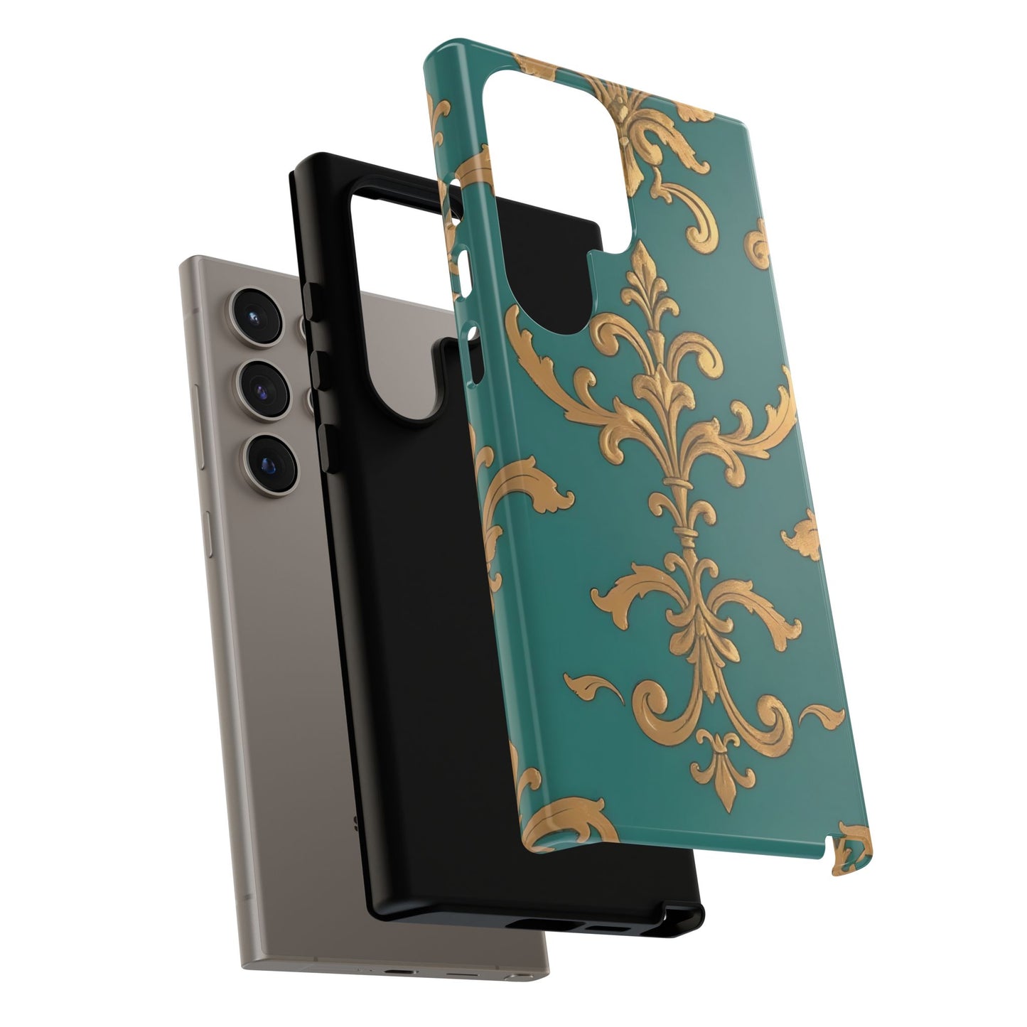Elegant Floral Motif Phone Case - Tough Cases with Vintage Design - Aqua & Gold Damask