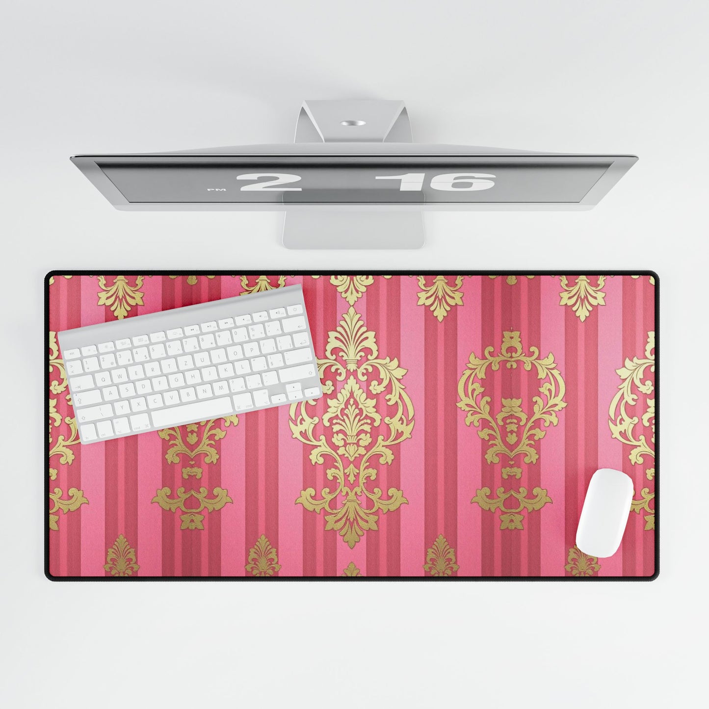 Elegant Floral Motif Desk Mat for Home Office Decor - Pink Striped Gold Damask