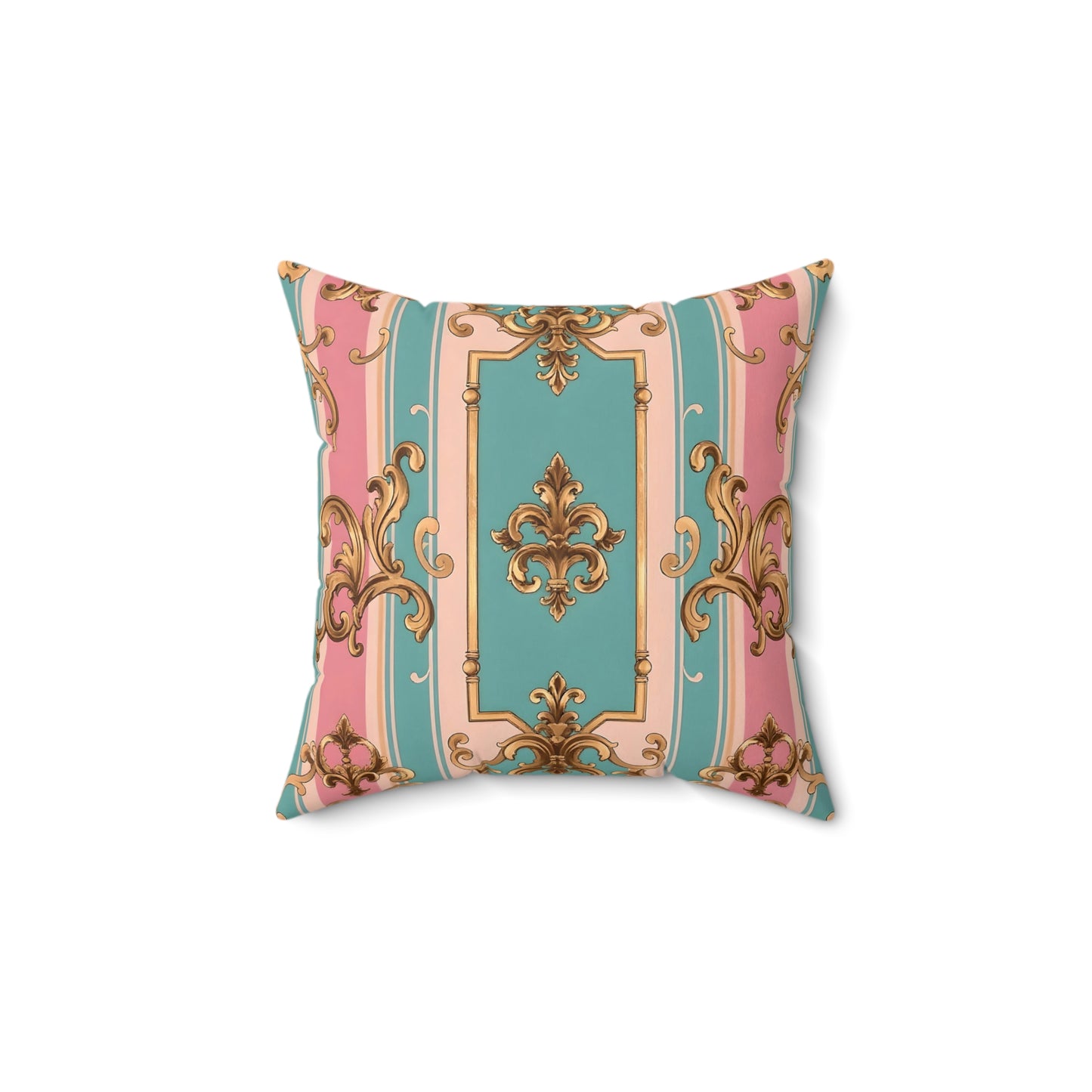 Elegant Faux Suede Square Pillow in Pastel Colors, Decorative Throw Pillow - Pink & Matte Turquoise Striped Rococo