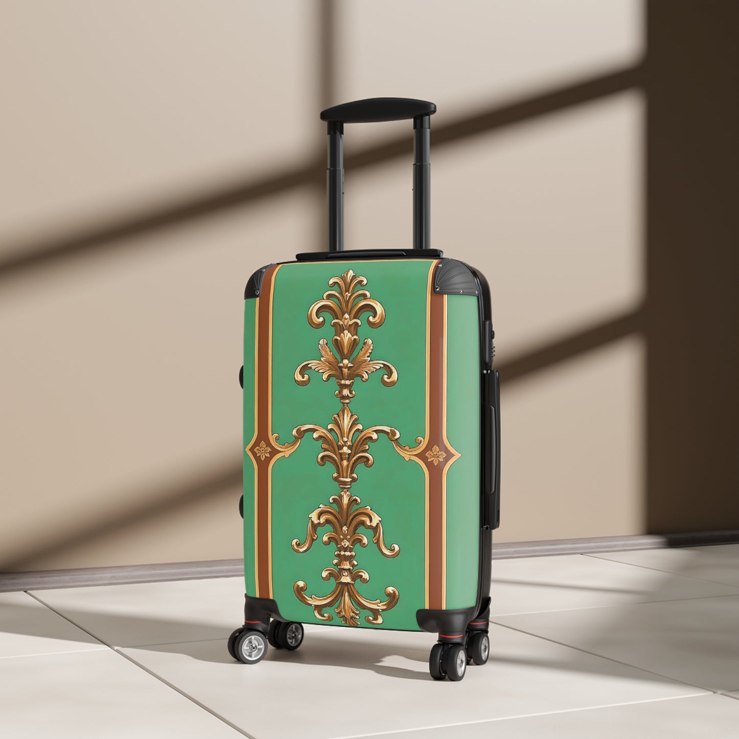Luxury Ornate Design Suitcase - Travel in Style - Rust & Green Striped Baroque