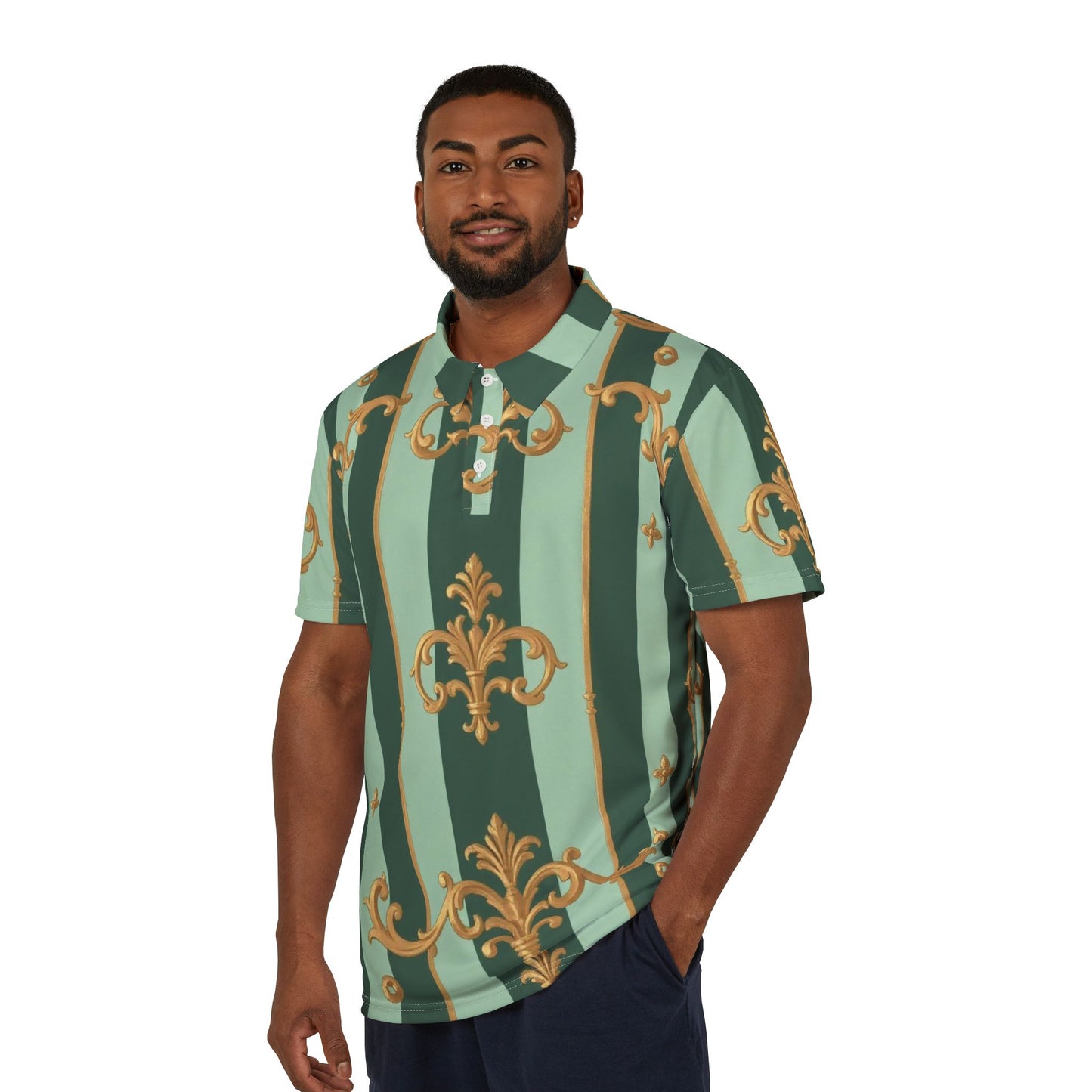 Elegant Patterned Unisex Polo Shirt, Stylish Polo, Casual Shirt, Summer Essential, Gift for Him/Her - Mint Green & Teal Striped Gold Baroque