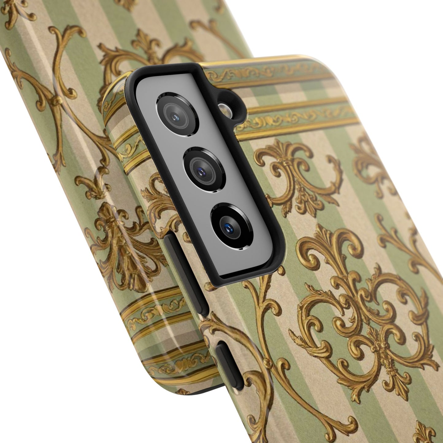 Vintage Elegance Phone Case, Tough Phone Cases for Style, Gift for Birthdays, Stylish Protection - Mint Green & Beige Striped Gold Baroque