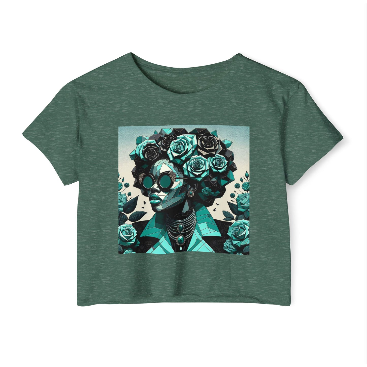 Women's Festival Crop Top with Artistic Floral Design, Boho Clothing, Trendy Summer Style, Perfect for Music Festivals - Turquoise & Black Roses Lady