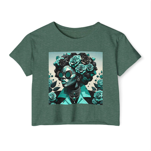 Women's Festival Crop Top with Artistic Floral Design, Boho Clothing, Trendy Summer Style, Perfect for Music Festivals - Turquoise & Black Roses Lady