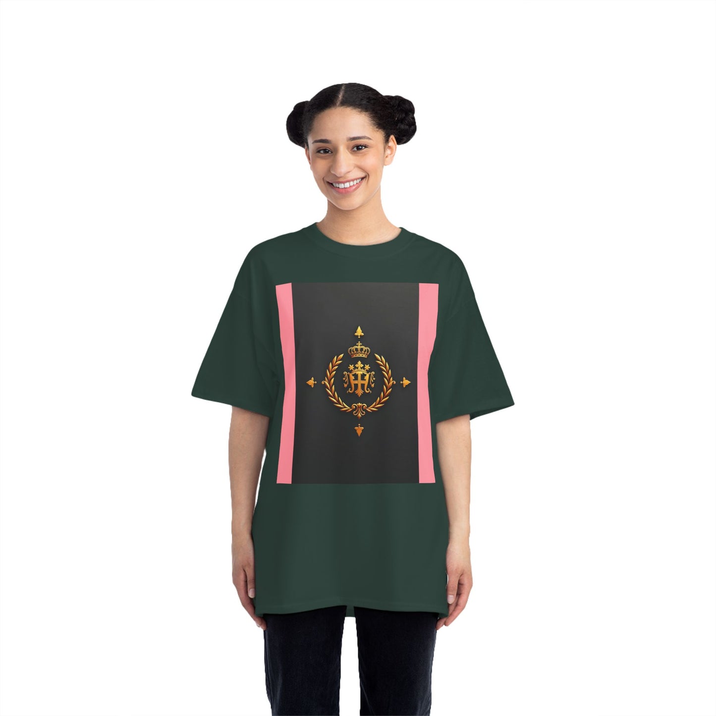 Short-Sleeve Graphic T-Shirt, Stylish Casual Wear, Trendy Gift for Friends, Summer Fashion, Statement Tee, Everyday Comfort - Pink Striped Gold Crest
