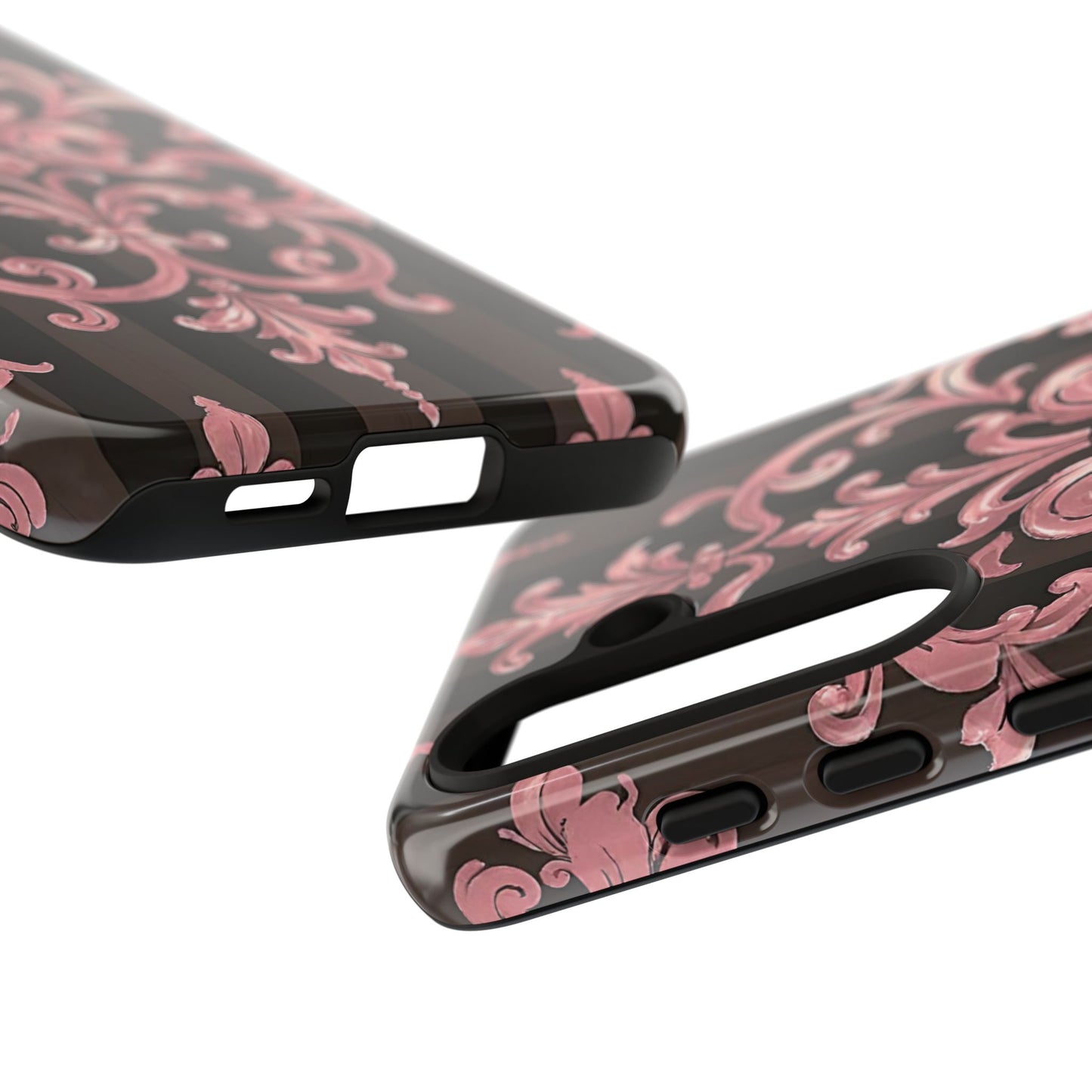 Elegant Floral Motif Phone Case - Tough Cases with Vintage Design - Brown Striped Mauve Damask
