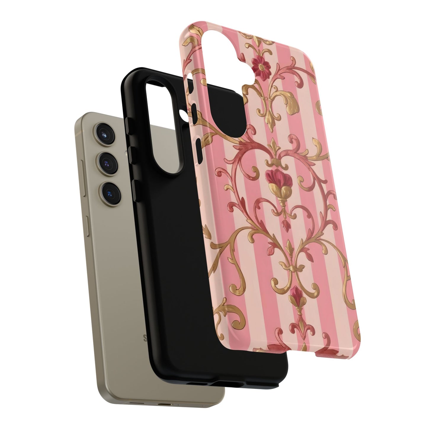 Elegant Floral Motif Phone Case - Tough Cases with Vintage Design - Pink Striped Rose Gold Damask