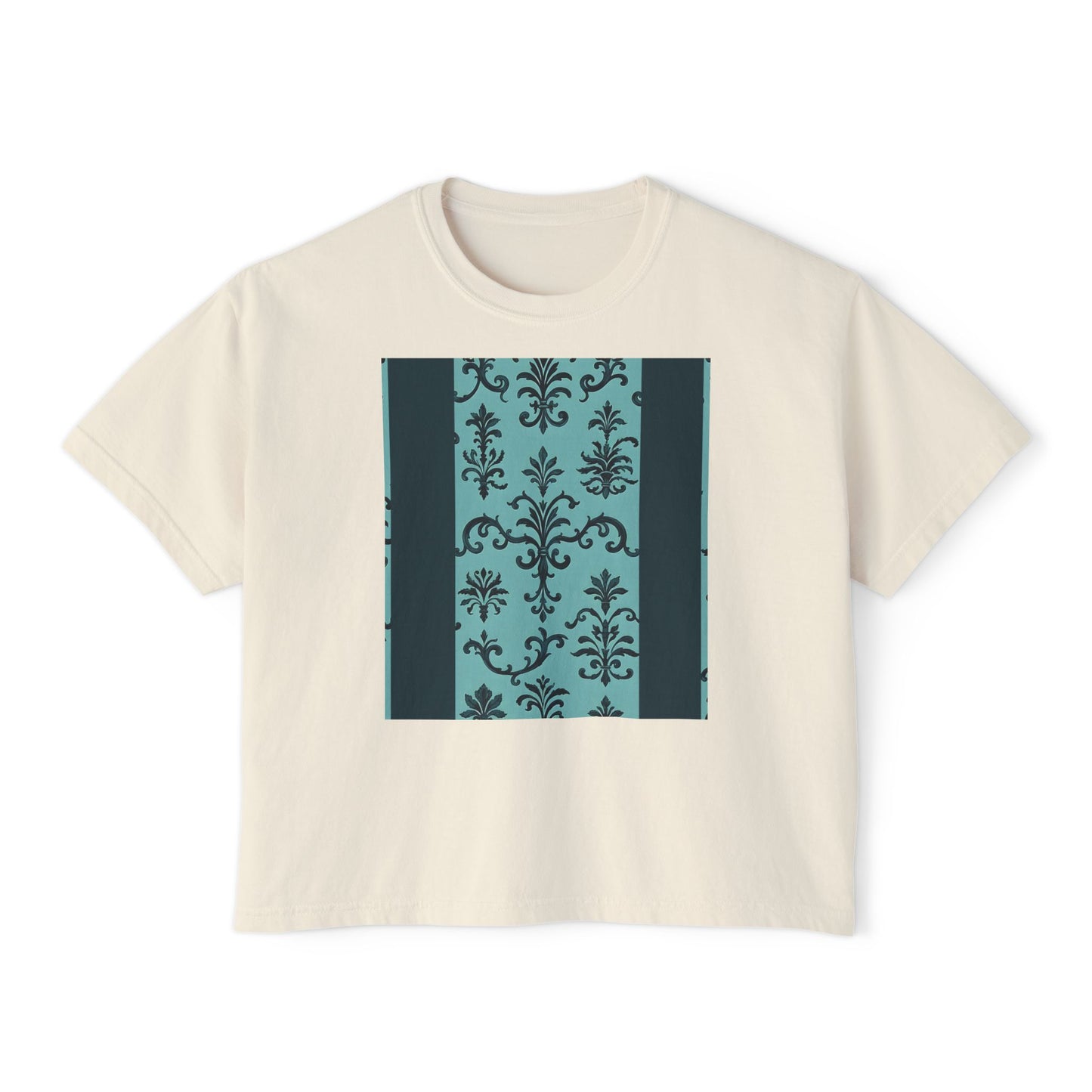 Women's Boxy Tee with Vintage Floral Design, Casual Top, Everyday Wear, Gifts for Her, Summer Fashion, Vintage Style T-Shirt - Teal Striped Rococo