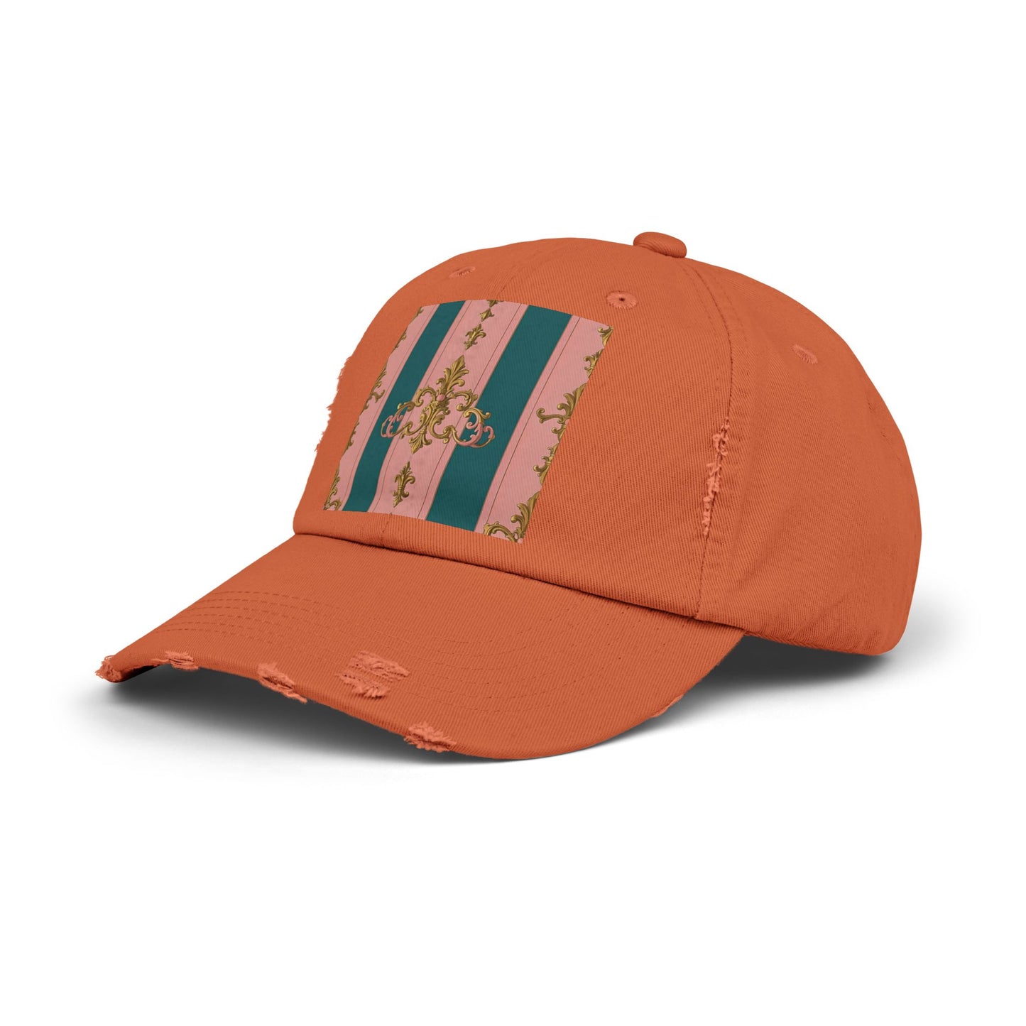 Chic Vintage Distressed Cap, Trendy Unisex Baseball Hat, Fashionable Everyday Wear - Pink & Teal Striped Gold Baroque