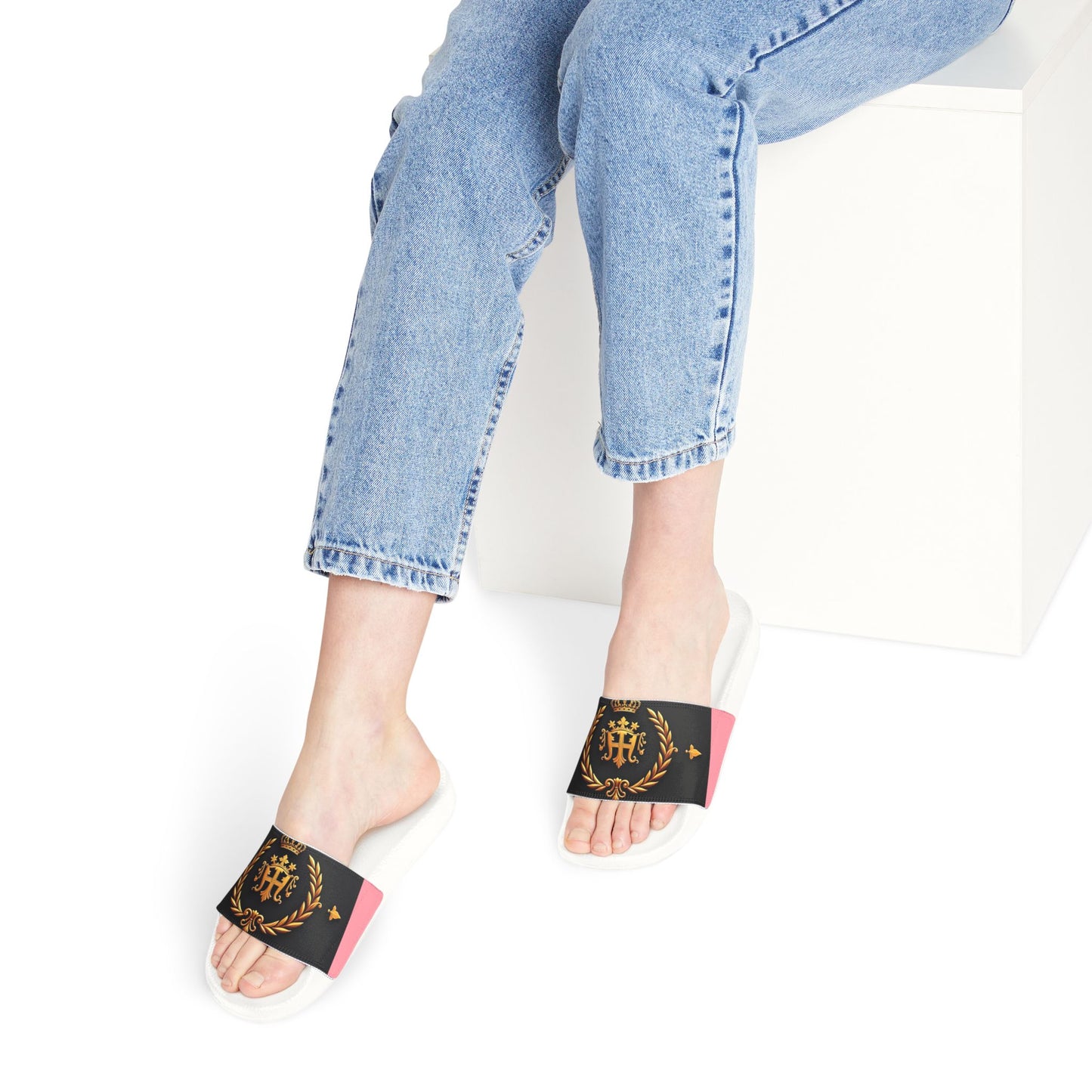 Chic Women's Removable-Strap Sandals | Stylish Summer Footwear, Pool Slides, Casual Beach Shoes, Vacation Footwear - Pink Striped Gold Crest