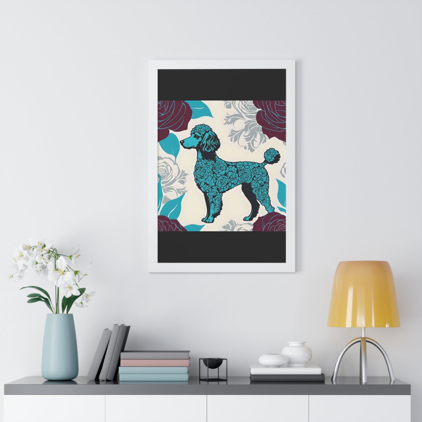 Vertical Poster - Stylish Framed - Art for Home Decor - Rose Inspired Turquoise Poodle With Burgundy Roses