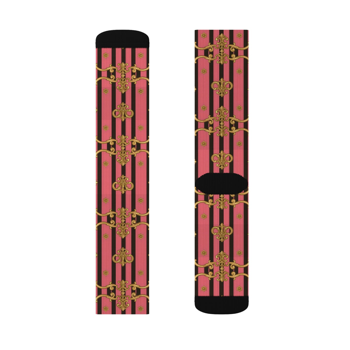 Chic Patterned Sublimation Socks, Fashion Socks, Unique Gift for Her, Trendy Accessories, Cozy Casual Wear - Pink & Black Striped Gold Baroque