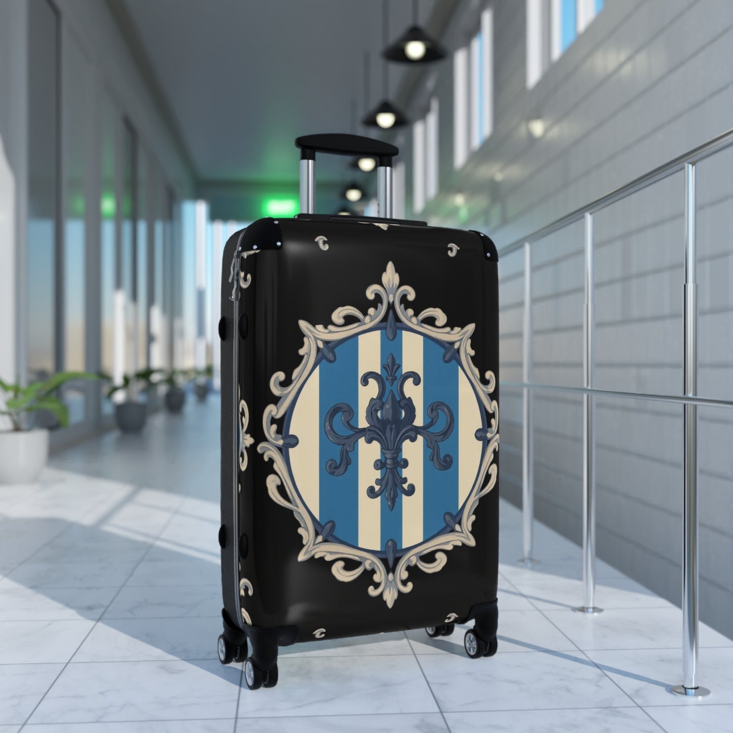 Elegant Blue & Alabaster Striped Baroque Travel Suitcase, Stylish Luggage, Personalized Travel Bag, Chic Weekender Bag, Vacation Essentials