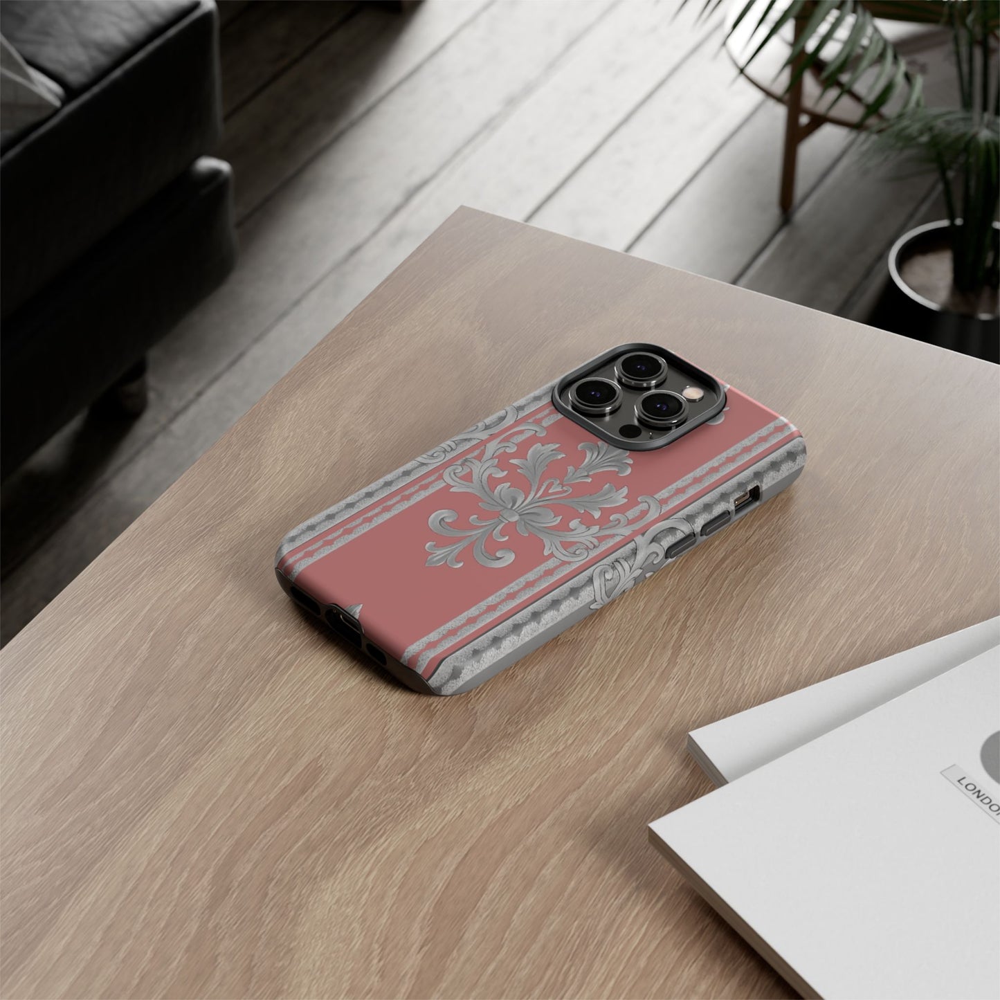 Elegant Floral Phone Case - Tough Cases for Stylish Protection - Gray & Mauve Striped Baroque
