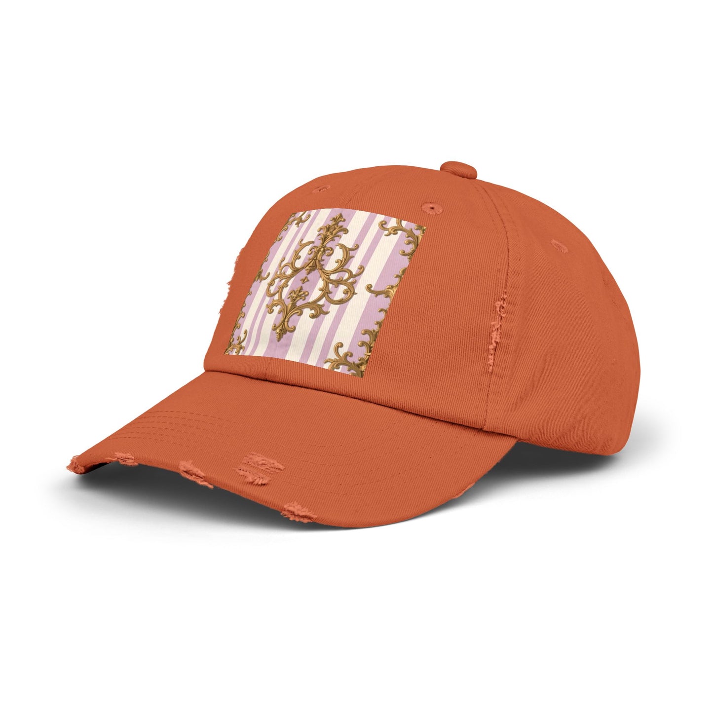 Chic Distressed Cap with Elegant Design | Trendy Accessory, Gift for Fashion Lovers, Perfect for Casual Outings - Lilac & Alabaster Striped Gold Baroque