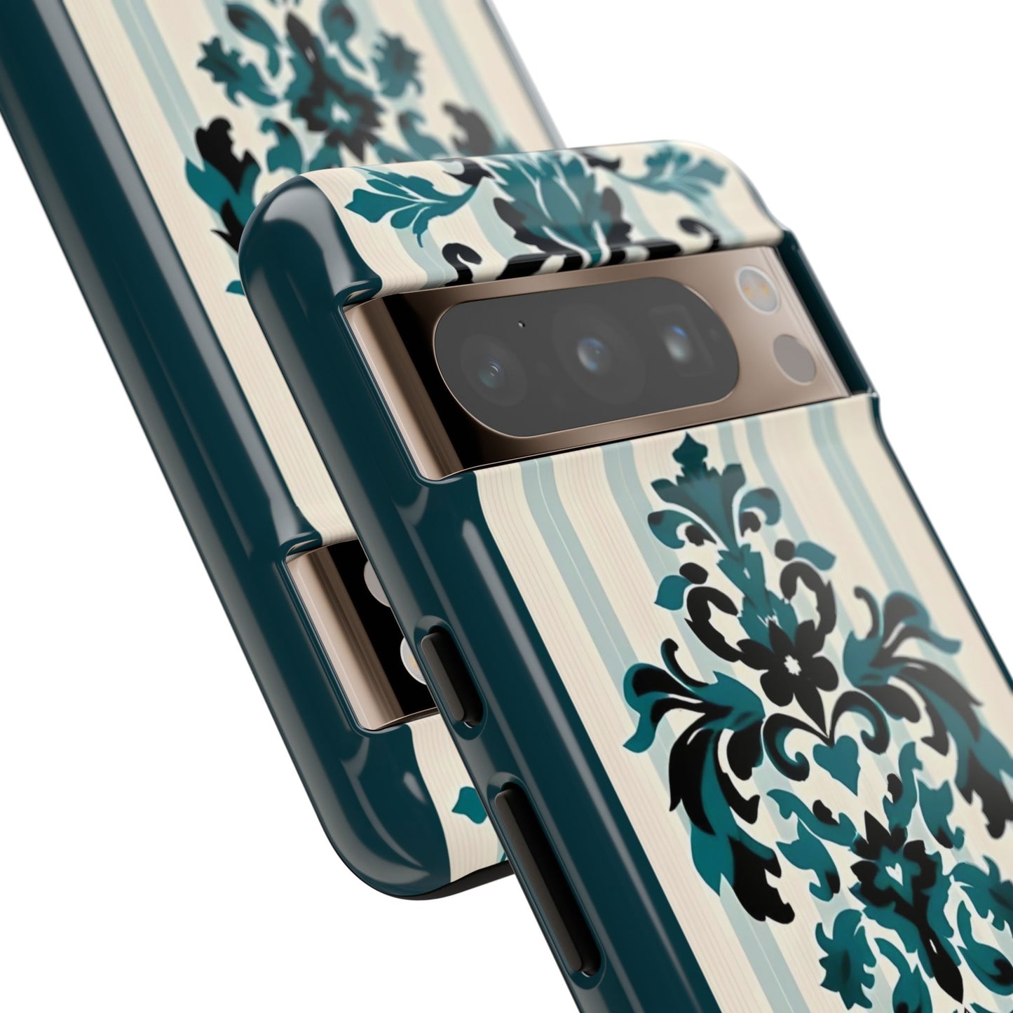 Elegant Floral Phone Case - Tough Cases with Vintage Design - Teal Striped Damask
