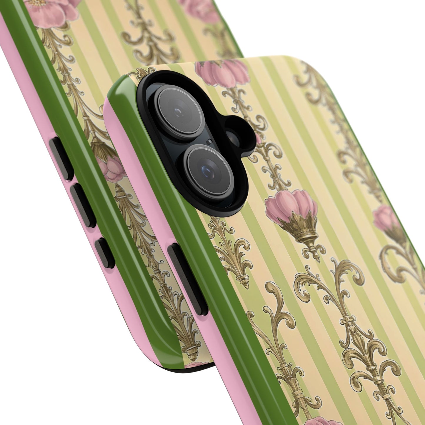 Elegant Floral Motif Phone Case - Tough Cases with Vintage Design - Lime Green & Pink Striped Damask
