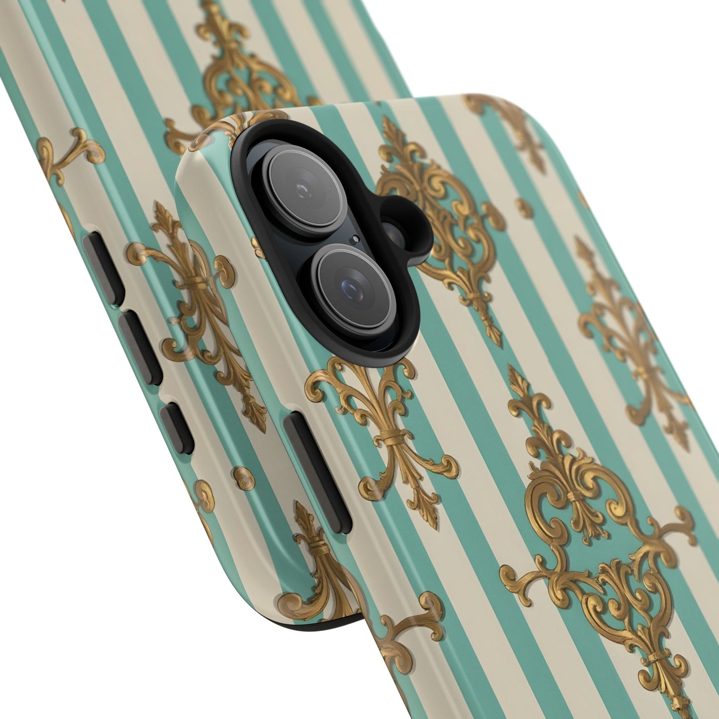 Elegant Striped Phone Case with Vintage Design, Tough Phone Cover, Stylish Smartphone Case - Matte Green Striped Rococo