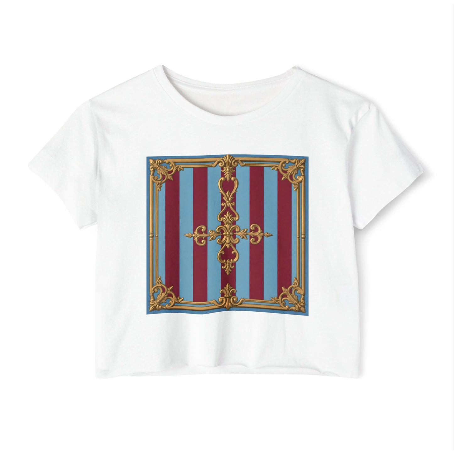 Women's Baroque Festival Crop Top, Summer Crop Tee, Casual Festival Wear, Concert Top, Eco-Friendly Fashion - Sky Blue & Maroon Striped Baroque