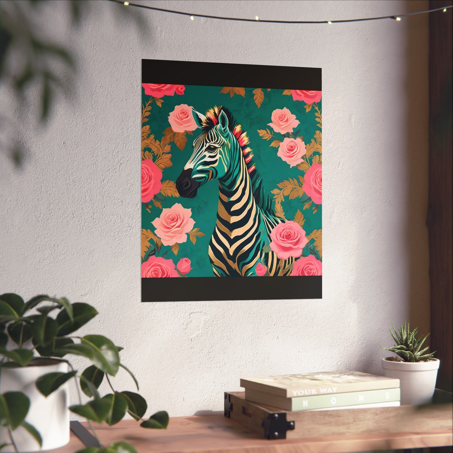 Floral Art Poster - Elegant Matte Vertical Wall Decor - Teal & Gold Zebra & Roses