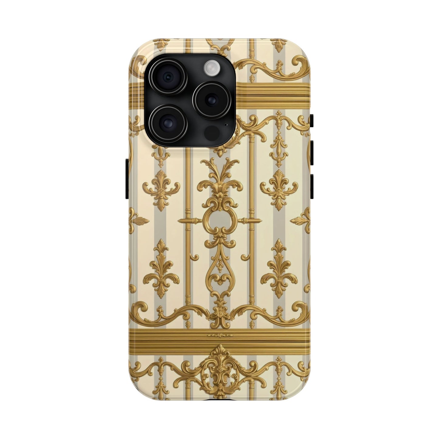 Elegant Gold Pattern Tough Phone Cases | Stylish Phone Covers, Trendy Cell Phone Accessories - Matte Gray & Cream Striped Gold Baroque