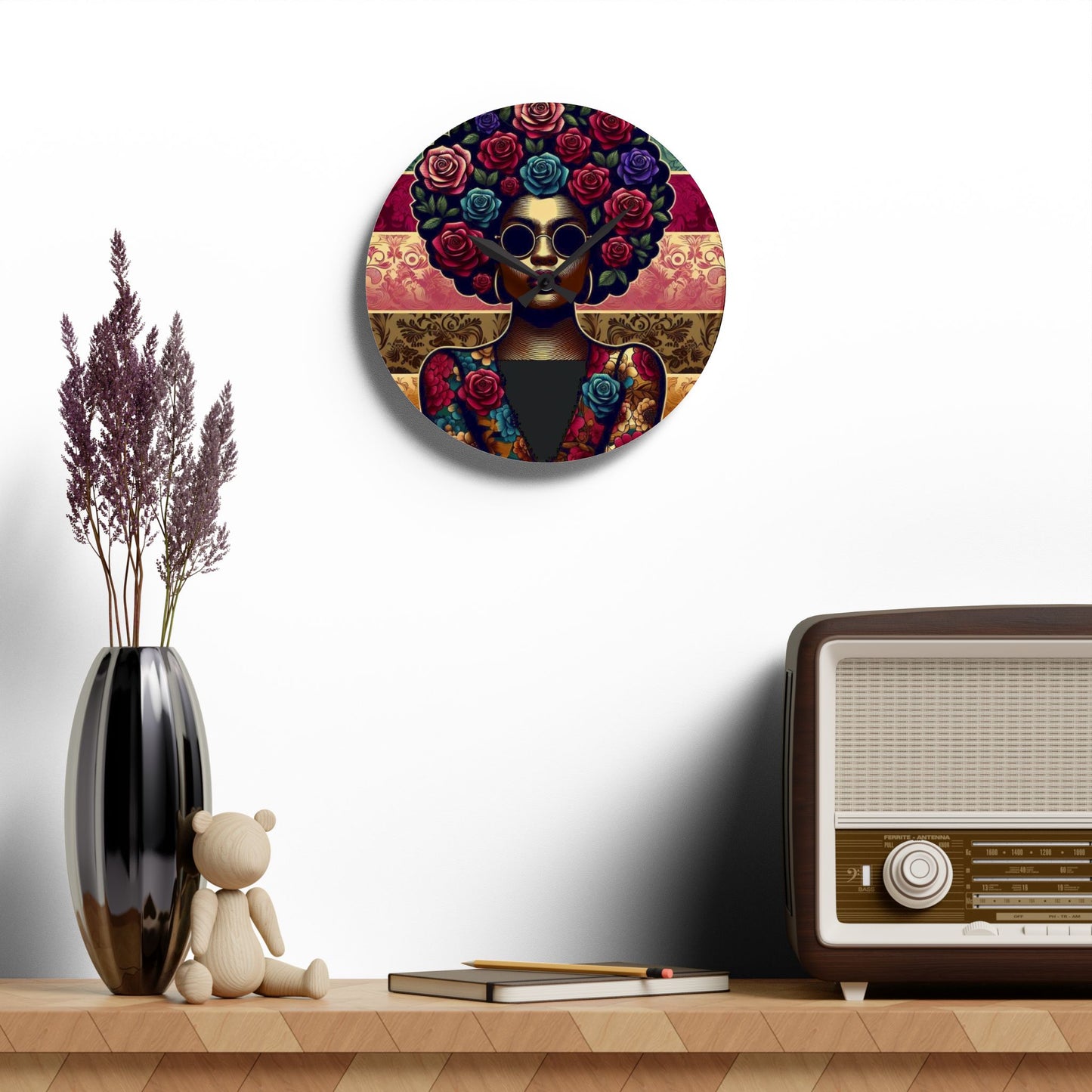 Bohemian Afro-Inspired Acrylic Wall Clock with Floral Design - Lady In Damask & Roses Design