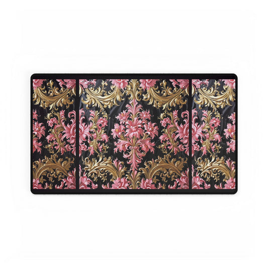Elegant Floral Desk Mat, Office Decor, Home Office Accessories, Gift for Her, Desk Organizer - Black & Pink Oil Painting Style Rococo