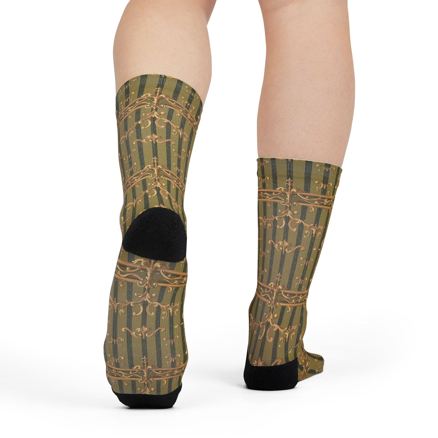 Rococo Pattern Crew Socks | Cozy Gift, Eco-Friendly Fashion, Unique Accessories, Fun Everyday Wear - Olive Green Striped Rococo