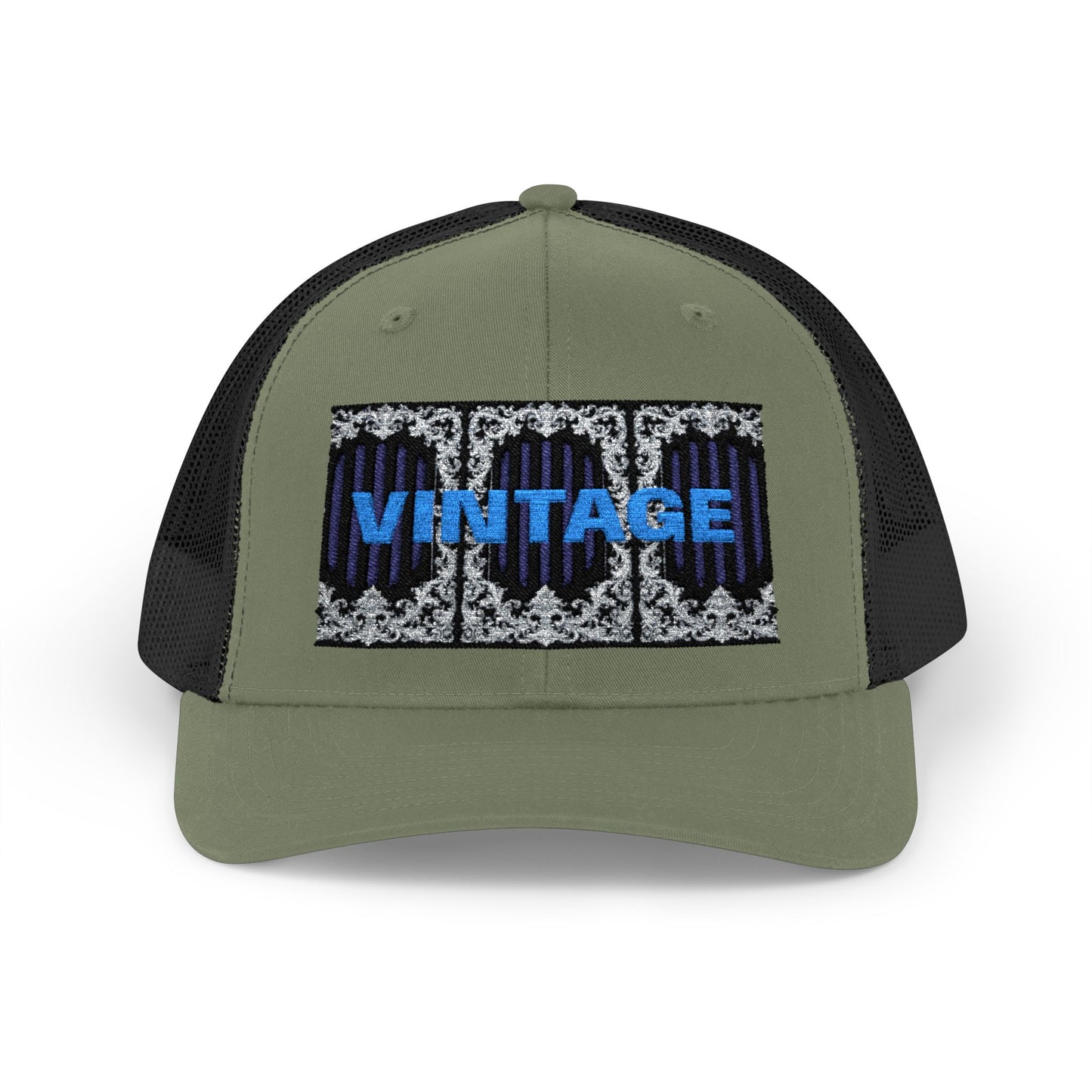 Vintage Navy Stripes & Baroque Trucker Cap — Retro 'VINTAGE' Embroidered Snapback