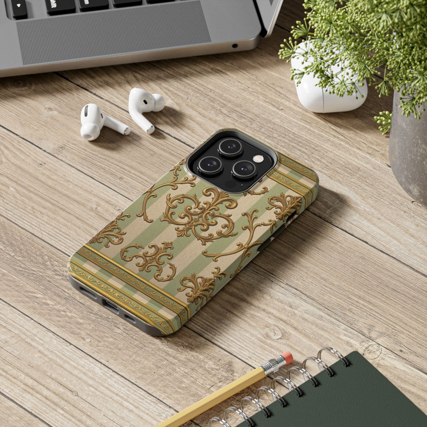 Vintage Elegance Phone Case, Tough Phone Cases for Style, Gift for Birthdays, Stylish Protection - Mint Green & Beige Striped Gold Baroque