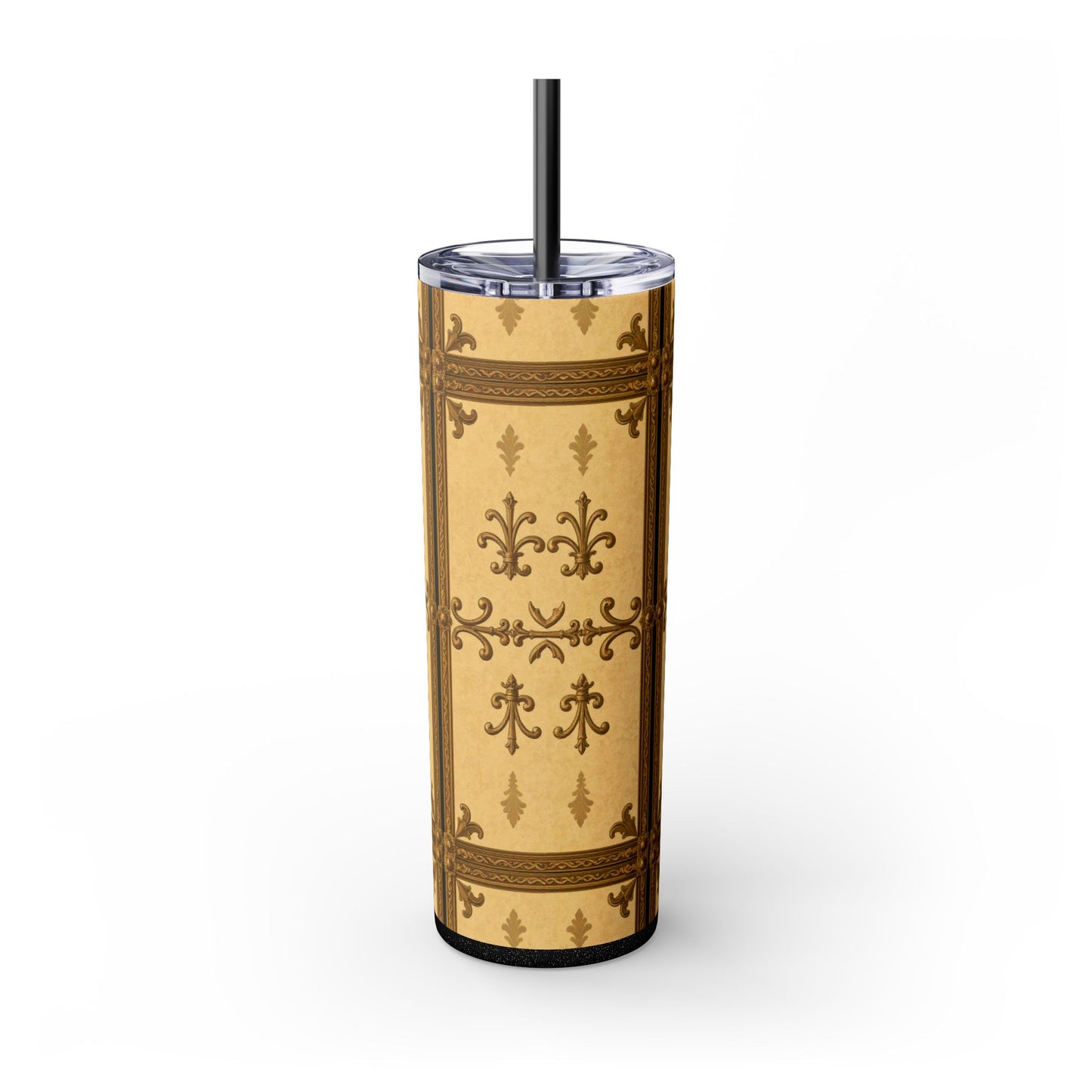 Elegant Vintage Skinny Tumbler, 20oz Insulated Drink Cup, Perfect for Home, Office, Gifts, Holidays, Travel - Matte Yellow Striped Antique Rococo
