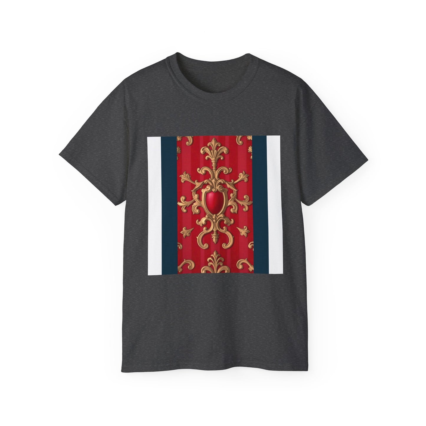 Regal Red Baroque T-Shirt, Artistic Tee, Gift for Art Lovers, Fashionable Statement Shirt, Unique Graphic Top - Blue, Red & White Striped Baroque