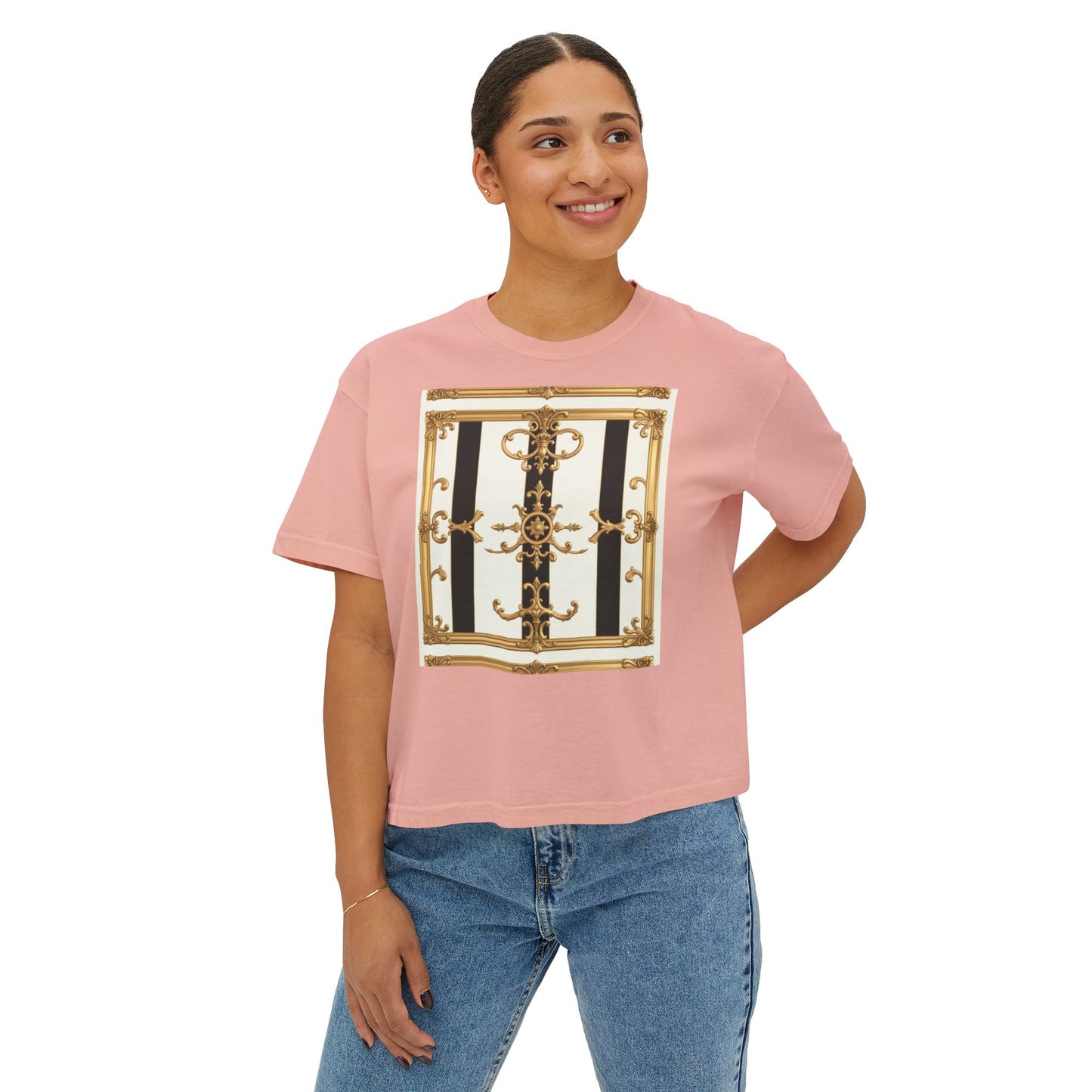 Chic Women's Boxy Tee, Stylish Graphic Shirt, Trendy Casual Top, Fashionable Everyday Wear - Black & White Striped Gold Baroque