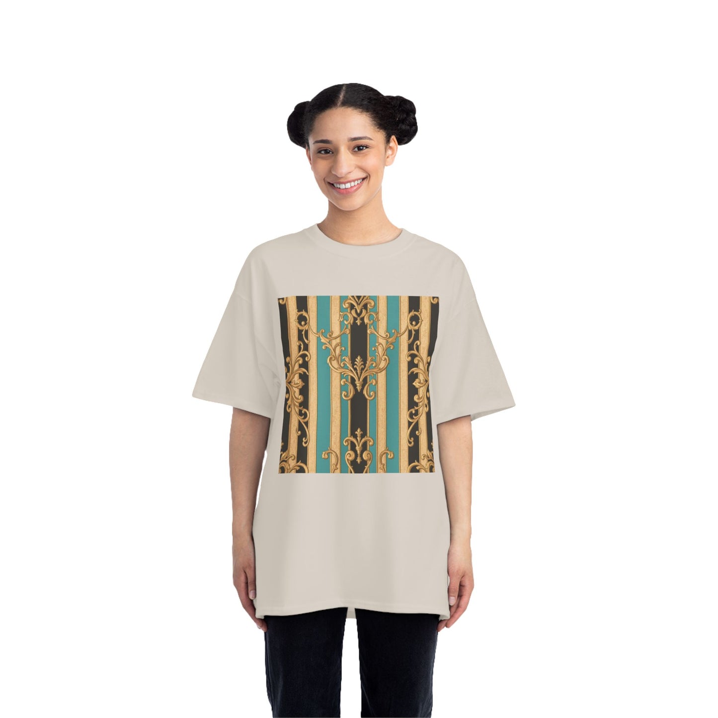 Chic Black, Tan & Ocean Green Striped Gold Baroque Vintage Pattern T-Shirt - Art Shirt, Stylish Casual Wear, Gifts & Everyday Fashion