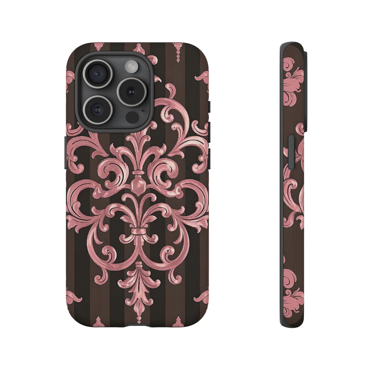 Elegant Floral Motif Phone Case - Tough Cases with Vintage Design - Brown Striped Mauve Damask